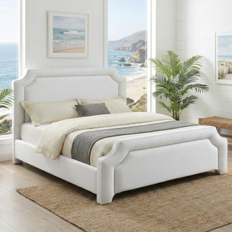 Elegant Upholstered Bed Frame With Nailhead Trim., Off White, King