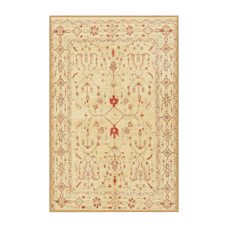 Laine tissée à la machine de style oriental Martinique/polyester jaune clair/orange Tapis décoratif, Rectangle 5 pi x 7 pi