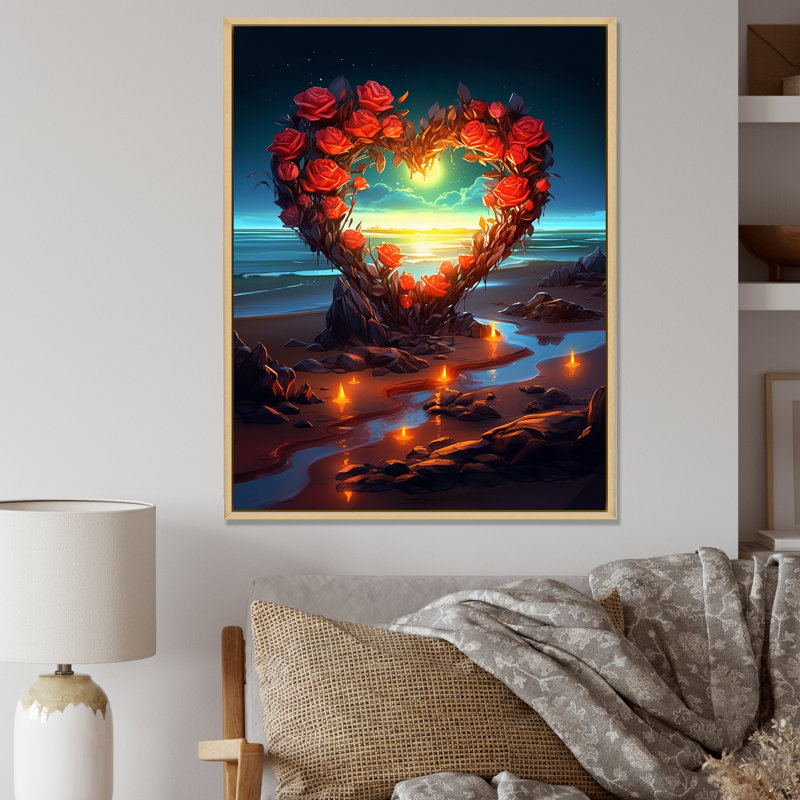 " Vibrant Red Roses Hart On Sunset Beach ", Natural Floater Framed, 32" H x 24" W