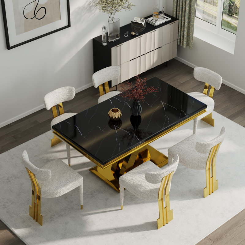 Ensemble de 7 magnifiques tables de salle à manger en faux marbre et or avec 6 chaises blanches Boucle, Noir, Doré, Doré
