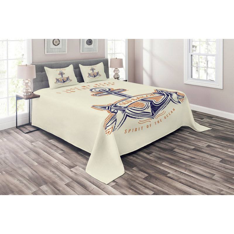 White Quilted Microfiber King Bedspread Set with Anchor Design