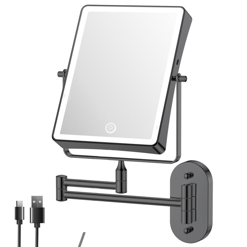 Modern LED Rectangular Metal Rechargeable Wall-Mounted Makeup Mirror, Black