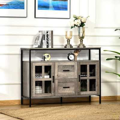 Buffet industriel, armoire de bar avec tablettes réglables, portes en verre et 2 tiroirs pour le salon