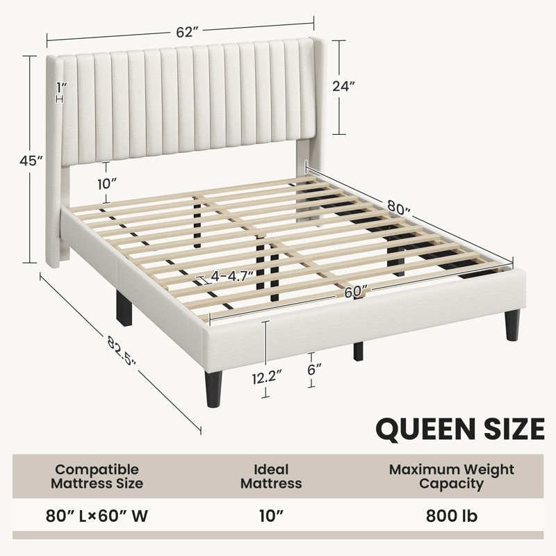 Upholstered Bed Frame with Channel Tufted Headboard, Queen, Ivory