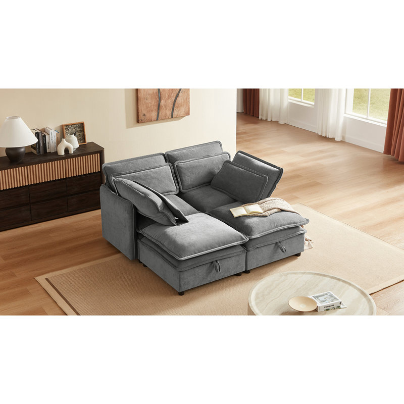 Rangement Ustyle avec coussins à deux couches - 4 places. Revêtement gris. Mousse + bourre en coton PP. Structure en pin et contreplaqué. Pour différents espaces. Processus facile à assembler 4 Solution modulaire et pratique