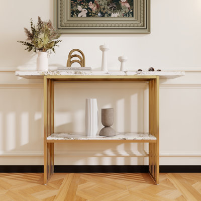 Modern Wooden Imitation Marble Counter Top Console Table With Open Storage Shelf by 17 Stories