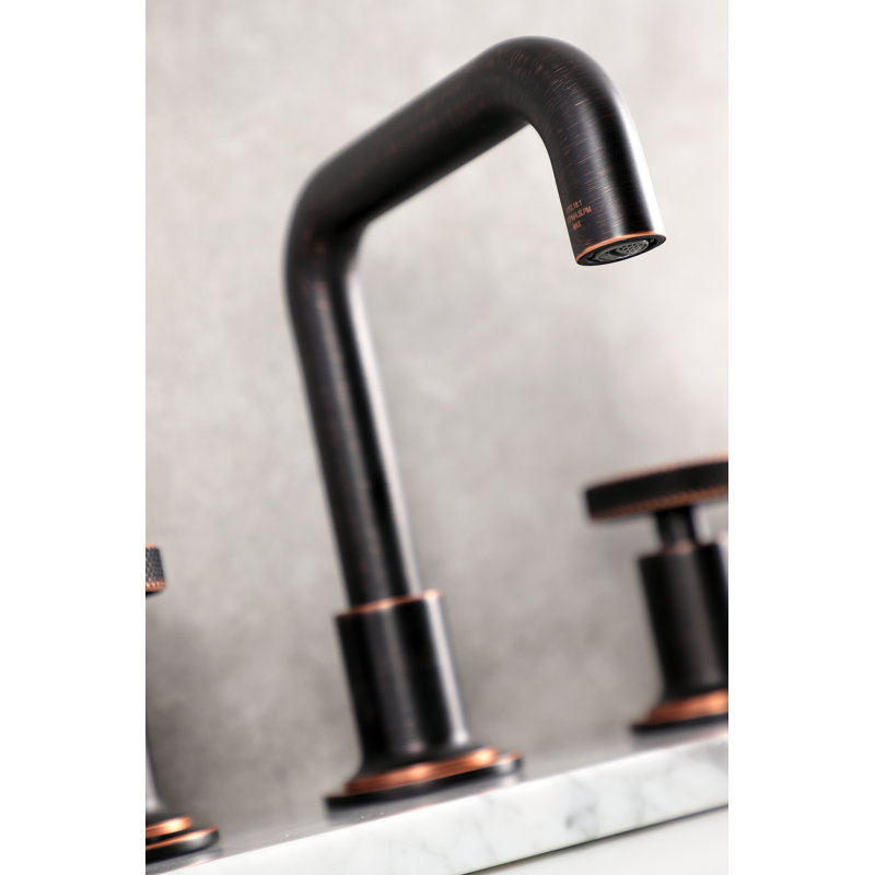 Kingston Brass Webb Two-Handle 3-Hole Deck Mount Widespread Bathroom Faucet with Knurled Handle and Push Pop-Up Drain, Bronze