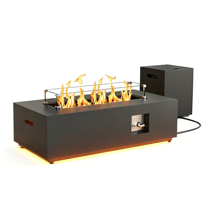 42" Propane Gas Fire Pit Table 50,000 Btu With Golden Light And Tank Storage Table, Black