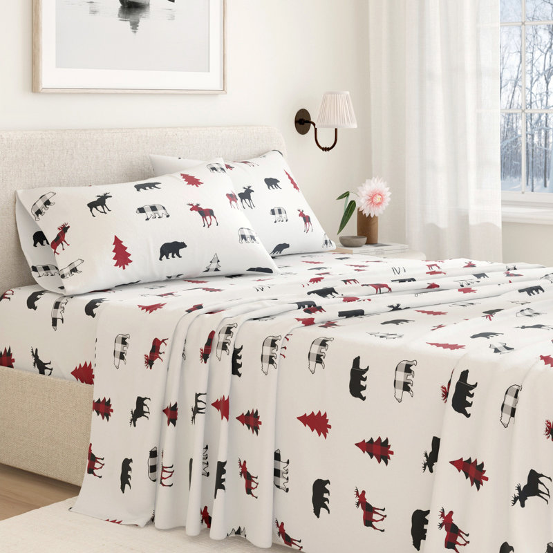 Ensemble de draps 100% flanelle d'hiver en coton turc, Carreauté, orignal, Très grand avec deux taies d'oreiller