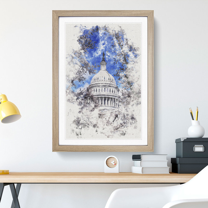 Capitol Hill And Cherry Blossom Tree - Single Picture Frame Print on MDF, 63cm H x 45cm W x 2cm D, Oak Framed