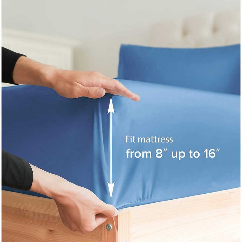 Fitted Sheet Only, Soft Cooling Bed Sheet, Breathable Hotel Luxury Bedding, Deep Pocket 8–16 Inch Mattress Fit, Denim Blue