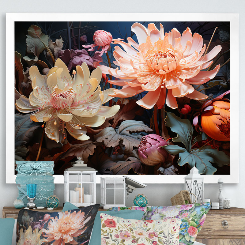 Reproduction sur toile de plantes botaniques roses et beiges, H 16 po x l 32 po x P 1 po, Cadre photo blanc