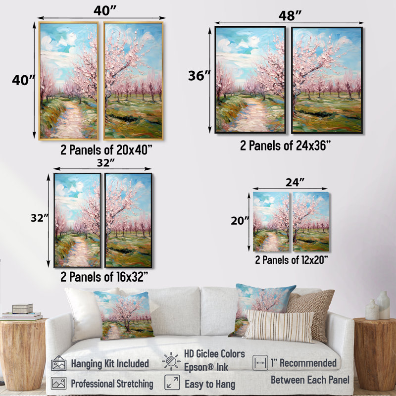 «Vangogh Blooming Cherry Trees - Large Vangogh», art mural sur toile 2 pièces, Floater Framed Print without Mat, Black