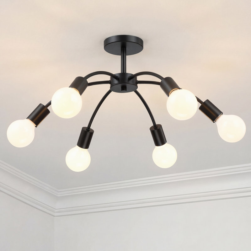 6-Light 22" Dimmable Sputnik Semi Flush Mount Light, Matte Black