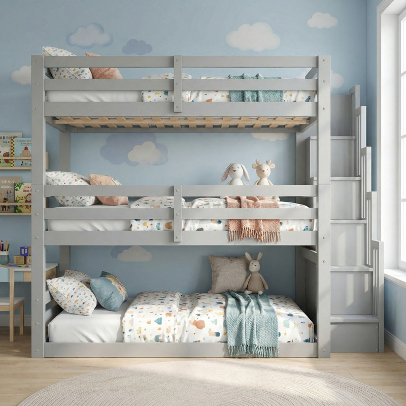 Lit superposé double au-dessus de double en bois massif, lit superposé triple double avec escalier de rangement pour la chambre à coucher