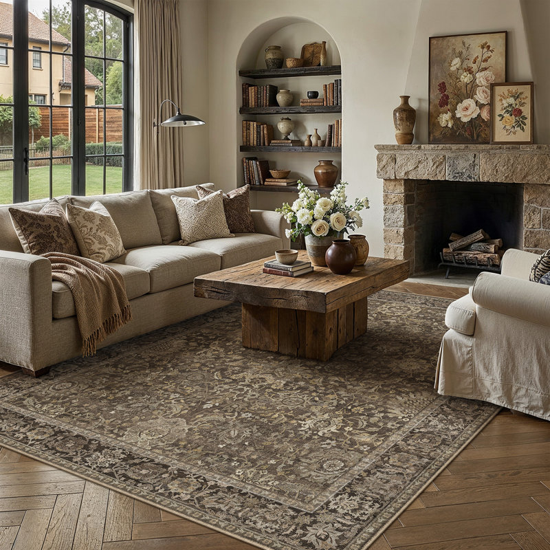 Tapis beige / brun / bleu Aurelia, Brown, Rectangulaire 9 pi x 12 pi