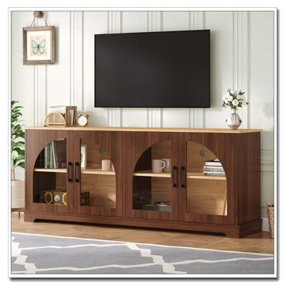 Farmhouse TV Stand with Semi-Arched Glass Doors for TVs Up to 70"