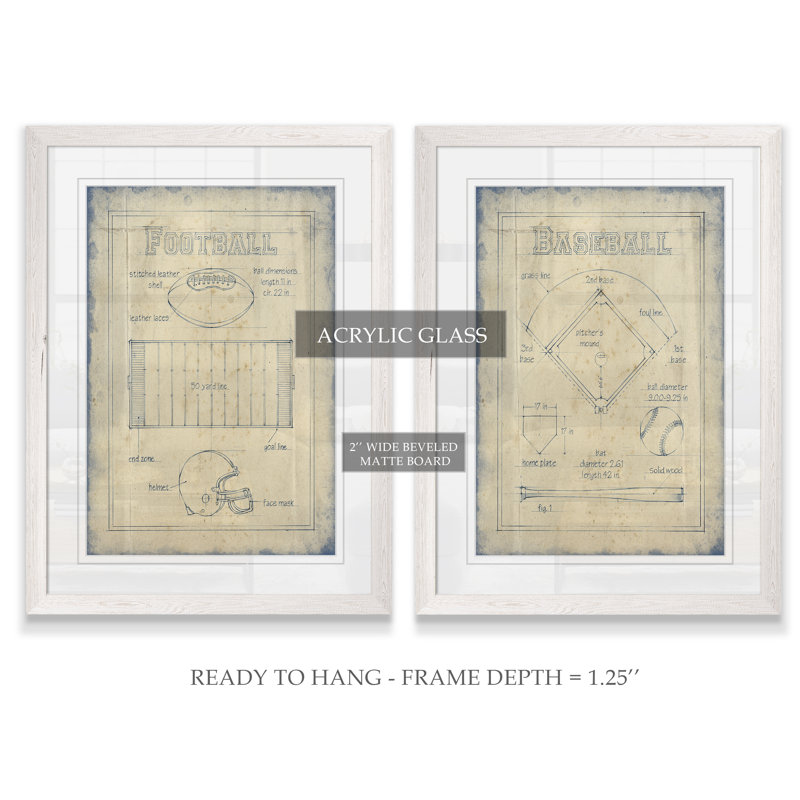 «All about the Game I», ensemble de 2 reproductions d'art encadrées, H 24 po x l 18 po x P 1,25 po, Cadre blanc, Blanc