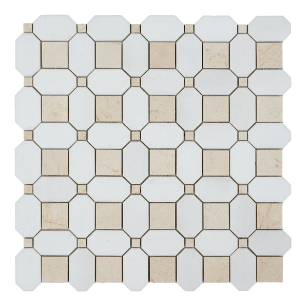 Thassos White & Crema Marfil Polished Marble Basketweave Mosaic Wall & Floor Tile