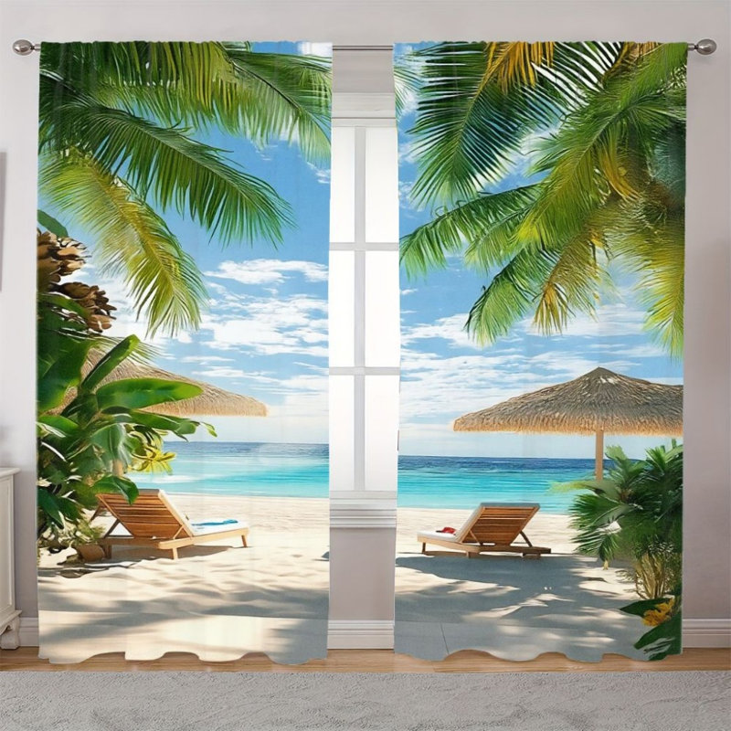 2Pcs, rideaux de plage tropicaux, scène de paradis, vue sur l'océan, palmiers, rideau moderne filtrant la lumière pour le salon, la chambre, la cuisine, la poche à tringle, la fenêtre, les rideaux,
