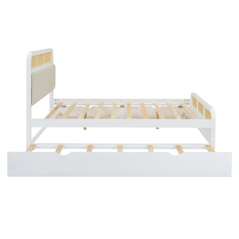 Grand lit plateforme en bois avec lit gigogne et 2 tiroirs, Blanc