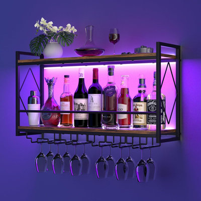 Wall-mounted Bar Wine Rack – Metal Liquor Shelf With Glass Holder & Led Light