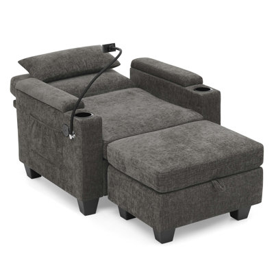Single Sofa Recliner With Manual Backrest Adjustment, USB Charging Port, Phone Stand, Hidden Armrest Storage, And Matching Lift-Top Ottoman.