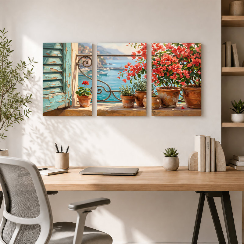 Ensemble de 3 toiles bleu sarcelle avec plantes sur le balcon donnant sur la mer, 36"H x 24"W x 3pcs