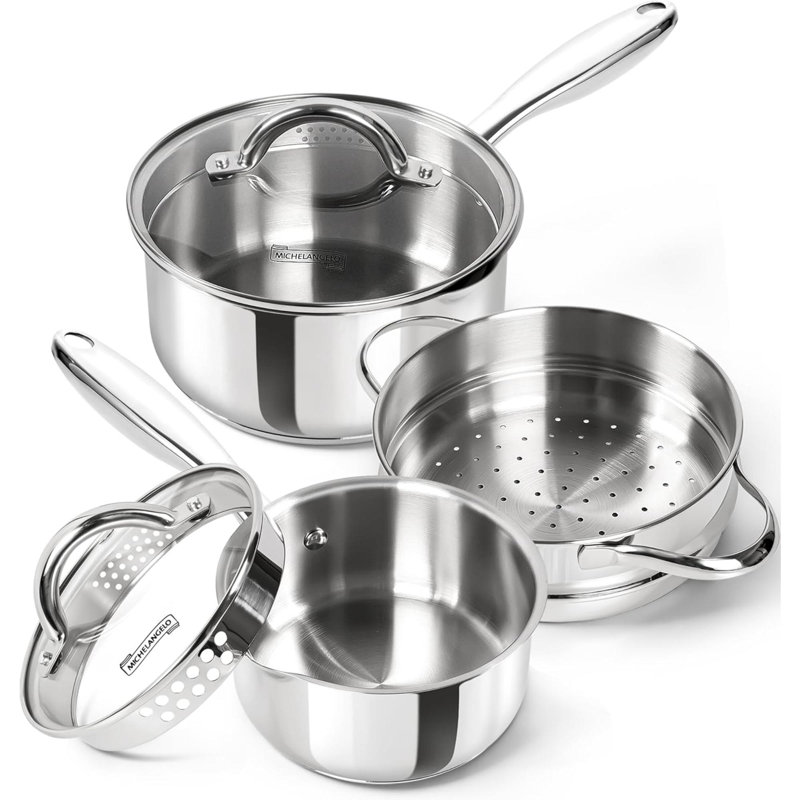 Ensemble de casseroles en acier inoxydable avec cuiseur à vapeur 5 pièces 18/10 avec bec verseur et crépine avec couvercle en verre