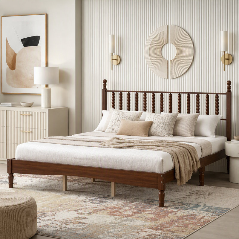 Lit plateforme en bois avec tête de lit en forme de gourde, Très grand lit, Noyer