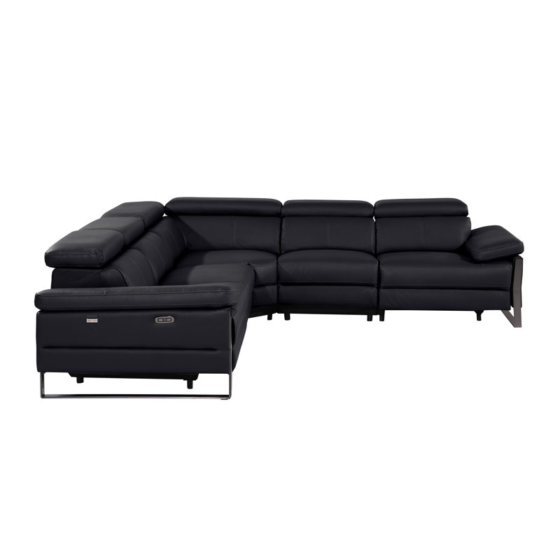 Canapé modulaire inclinable électrique en L de 5 pièces en cuir italien avec appuis-tête électriques, Cuir véritable noir