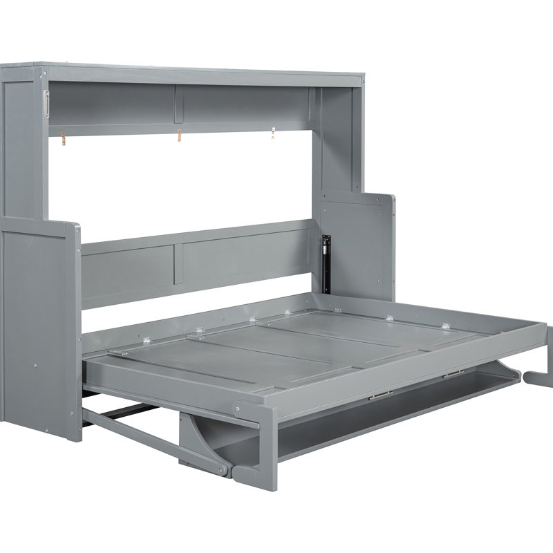Lit double gris, bureau compact avec charnières hydrauliques, support de 600 lb, rangement pour matelas,