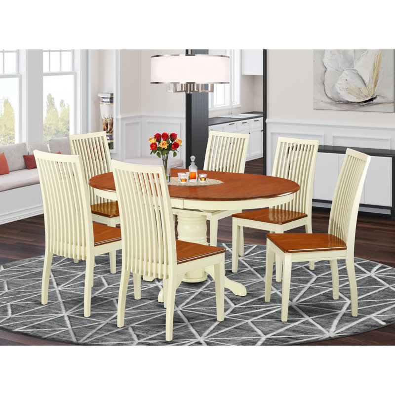 L'ensemble 7 pièces de table et chaises de cuisine comprend une table de salle à manger ovale avec rallonge papillon et 6 chaises en bois massif, babeurre et cerise