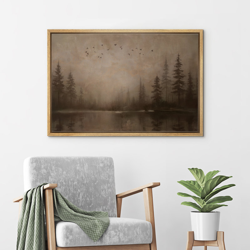 «Misty Forest Lake Scene with Flying Birds», reproduction d'art sur toile encadrée, H 24 po x l 36 po x P 1,5 po, Naturel