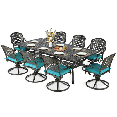 Meetwarm 9-Piece Outdoor Patio Dining Set, All Weather Cast Aluminum Patio Funiture Table And Chairs Set- 94.5" Rectangular Table And 8 Cushioned Swivel Rocker Chairs, Umbrella Hole