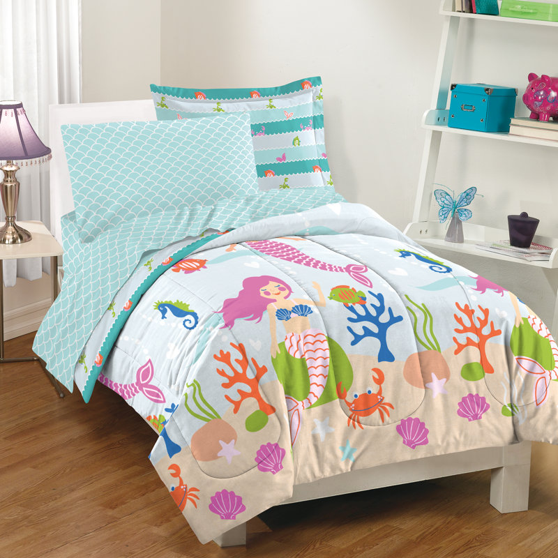 Mermaid Dreams Biab Light Blue, Full Comforter + 1 Pillowcase + 1 Sheet + 1 Sham