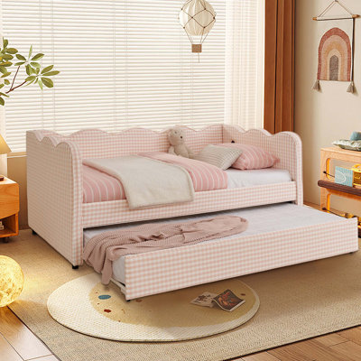 Daybed With Trundle, Sofa Bed, No Box Spring Needed, USB Port, Adorable Wave Shaped, Linen Fabric