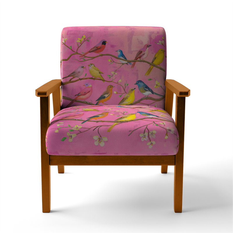 Fauteuil rembourré en velours multicolore Bird On Tree, Velours rose, Brun