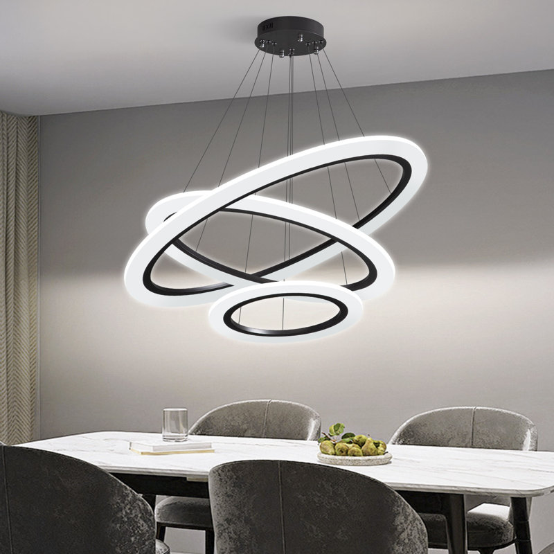 Lustre moderne 3 anneaux à DEL noir, Matte Black