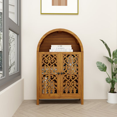 Blossom Hand-Carved Small Accent Cabinet with Doors and Open Shelves for Entryway