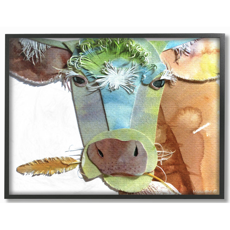 «Cutout Collage Cow», peinture sur toile encadrée, H 16 po x l 20 po, Cadre noir