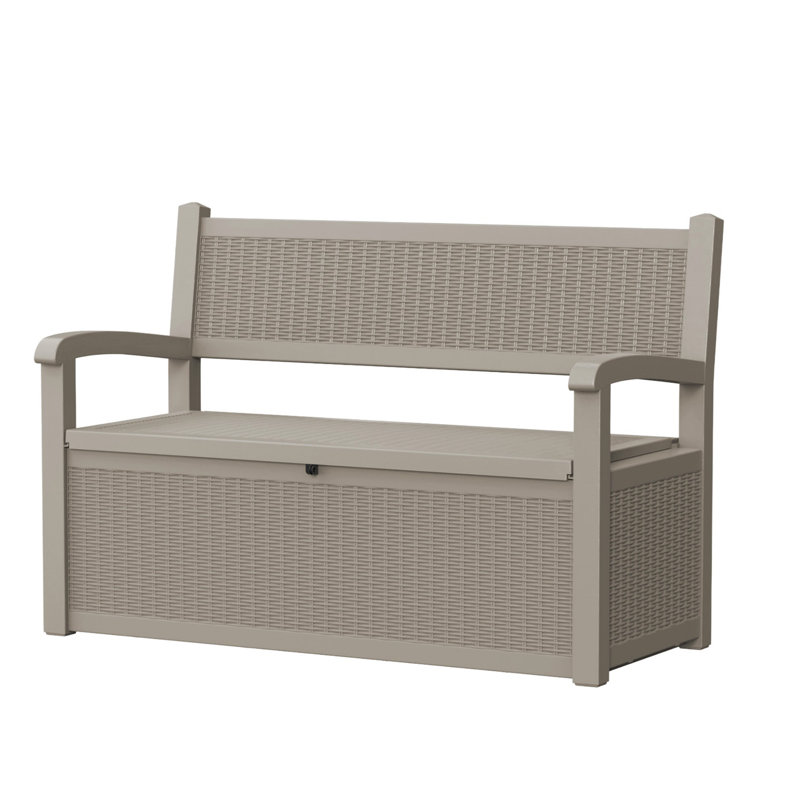 Banc de rangement extérieur 70 gallons, coffre de terrasse en résine résistant aux intempéries avec aspect rotin, capacité de 500 lb, verrouillable, 2 à 3 personnes