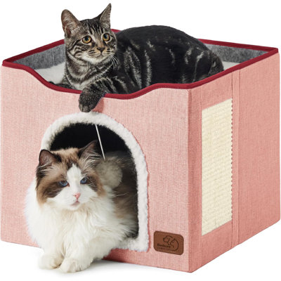 Lits pour chats pour chat - Grande grotte pour chat pour chat avec suspension de peluche et coussin à gratter, cachette pliable pour chat, 16,5 x 16,5 x 13 pouces, rose