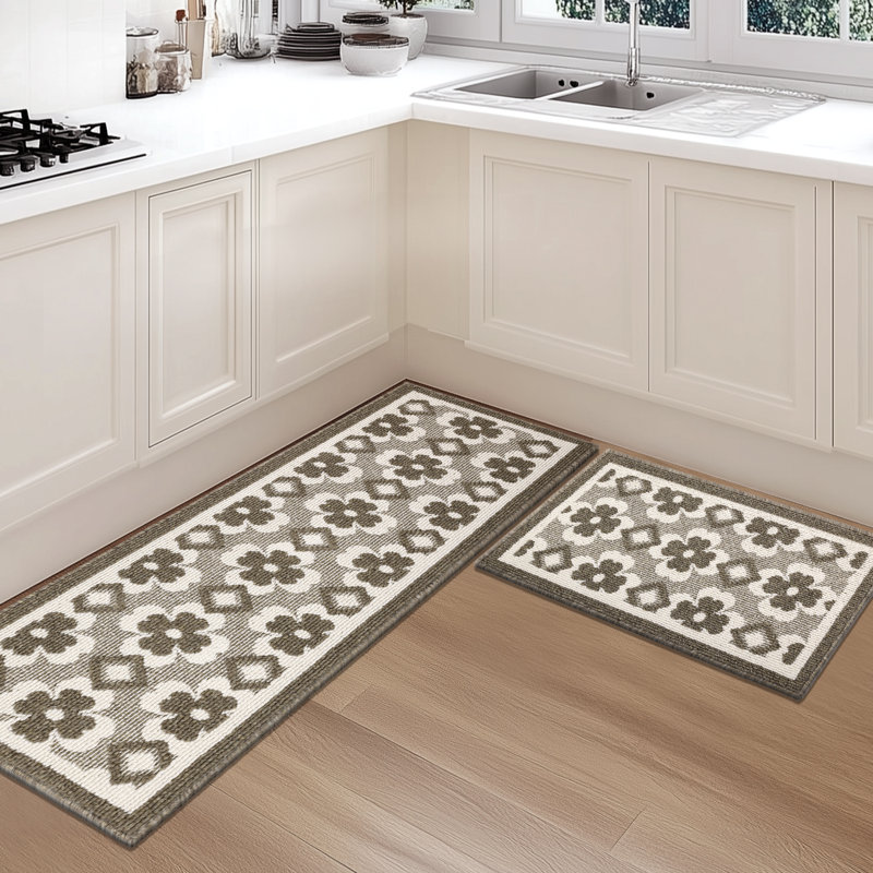 Tapis de couloir antidérapant à poils longs et courts (ensemble de 2), Beige