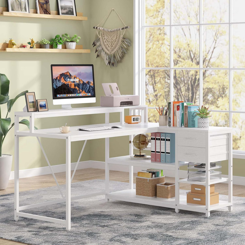 55" L-Shaped Desk - Space-Saving Corner Workstation, White