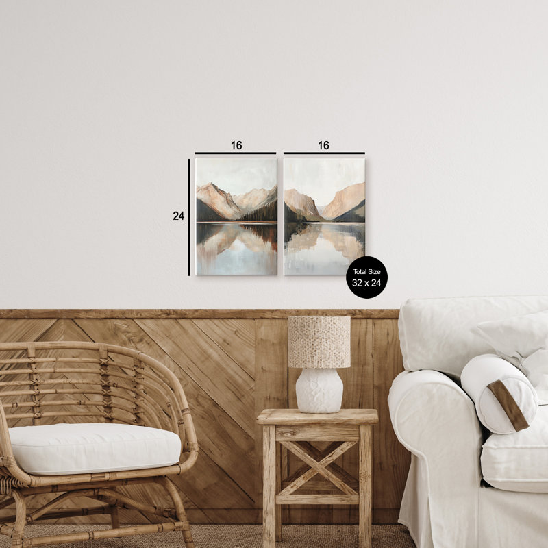 Ensemble de 2 toiles rustiques avec reflet des montagnes et des Lacs, design par Petal Prints Design, H 24 po x l 32 po