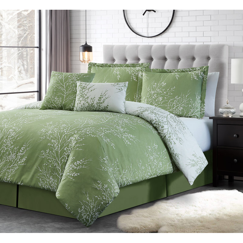 Ensemble d'édredon réversible à motif de feuillage, literie douce en microfibre, Sauge/blanc
