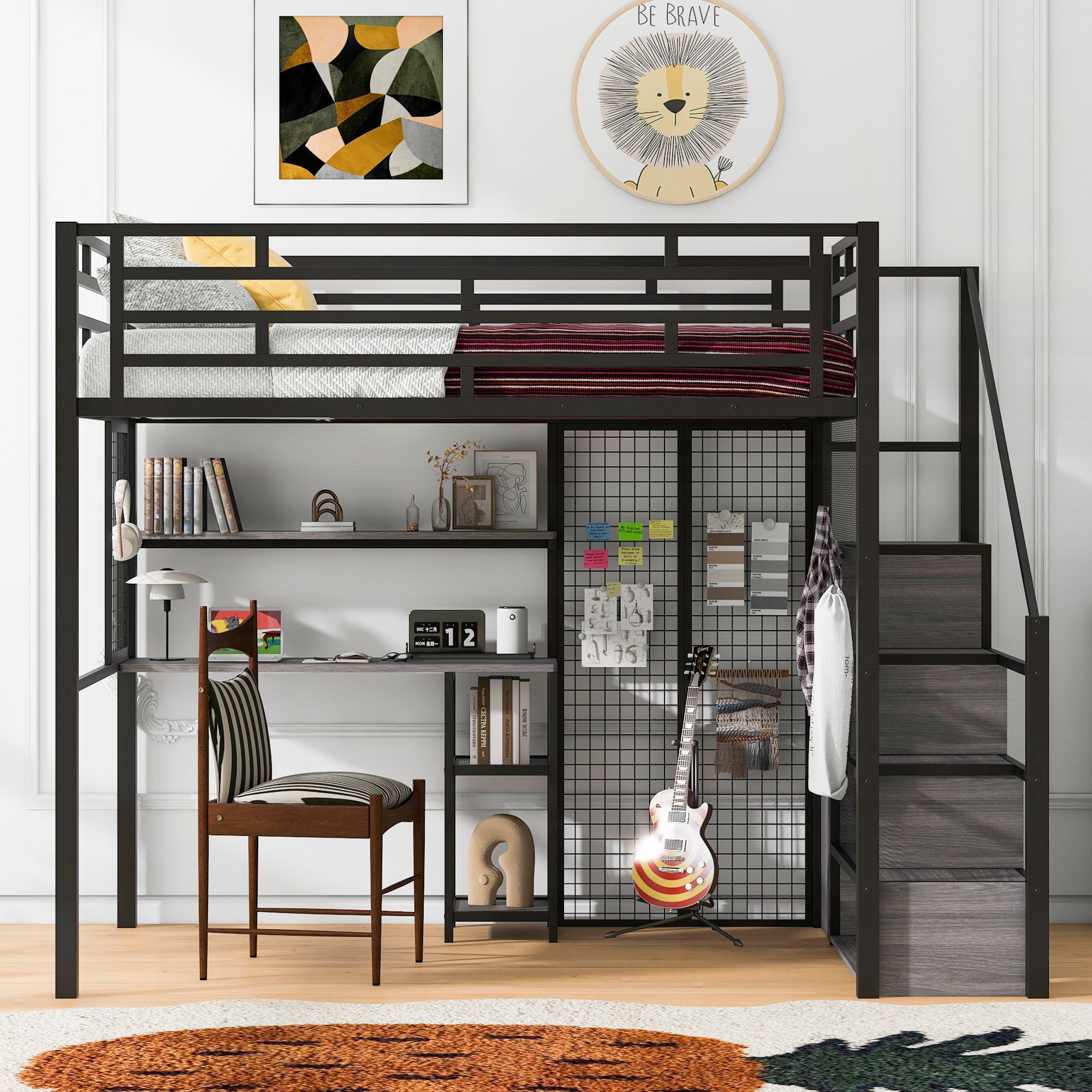 Latitude Run® Lit mezzanine double en métal avec garde-robe, bureau ...