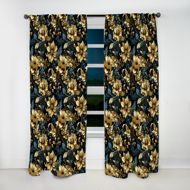 Dark Blue And Golden Gilded Damask Glamour IV - Bohemian Curtain - Velvet Room Darkening - 1 Panel, 52" W x 95" L