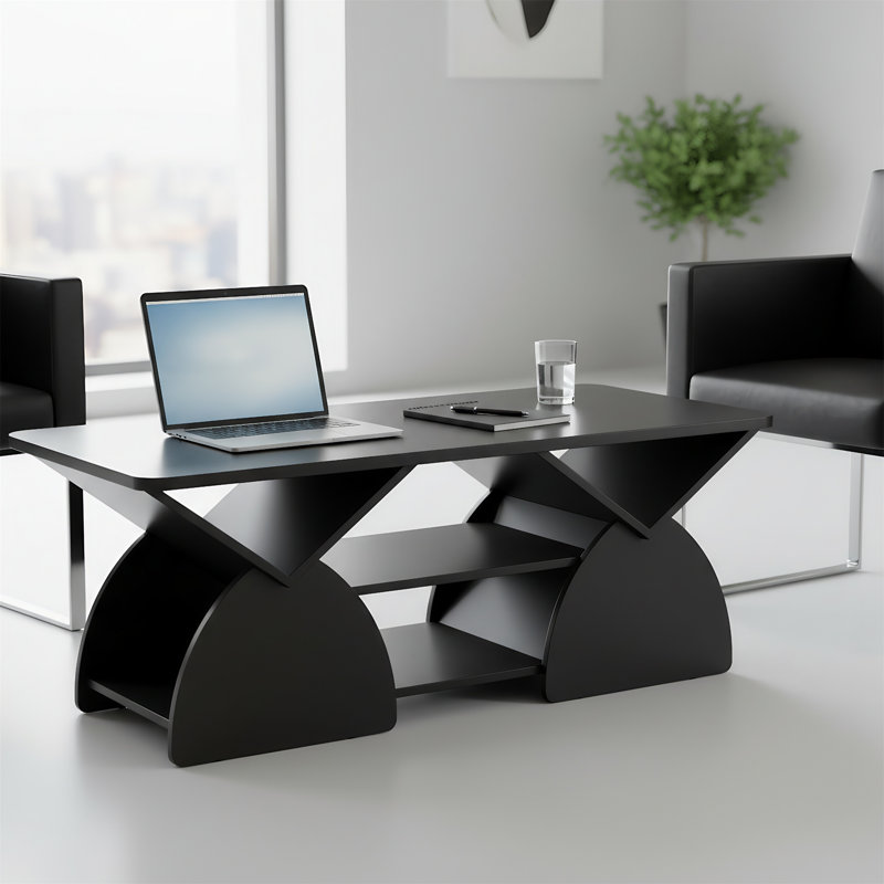 Rounded-corner Rectangular Coffee Table With Open Shelving, Easy-assembly Storage Table, Black